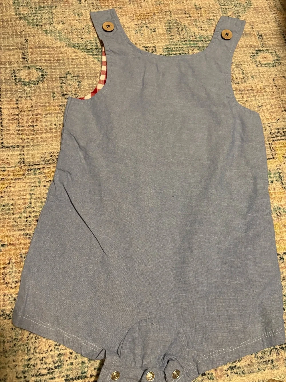 Mud Pie Blue Romper with Red Barn Appliqué and Red Gingham Straps